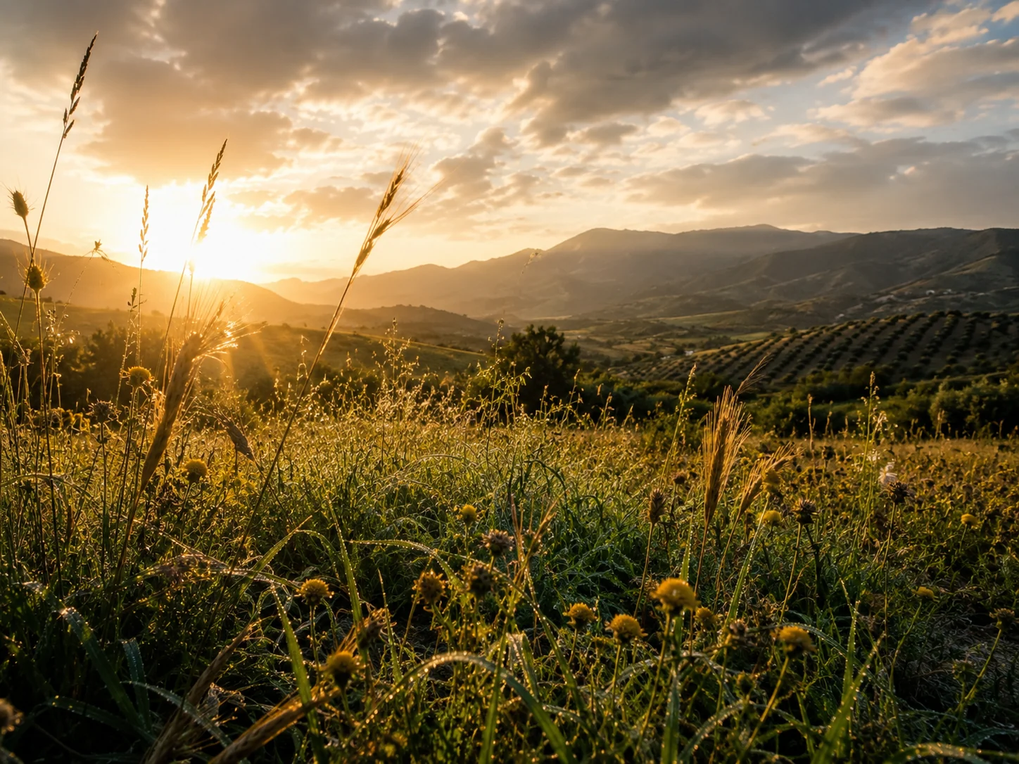 Flowering field in Andalucía at sunset