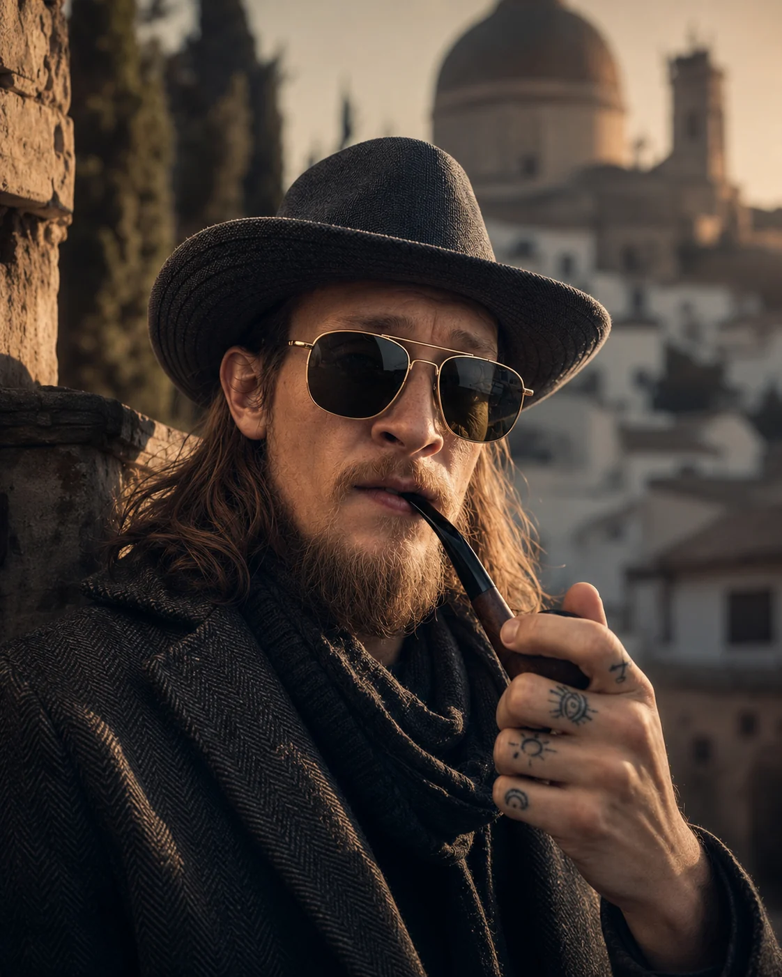 Portrait of M. J. Stokknes wearing a hat, sunglasses, and holding a pipe