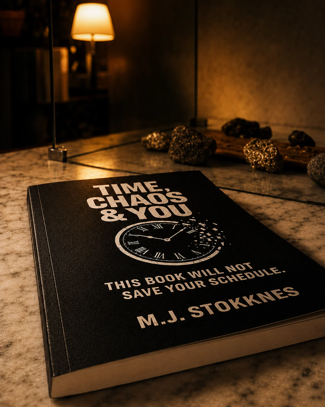 A copy of Time, Chaos & You photographed in warm low light