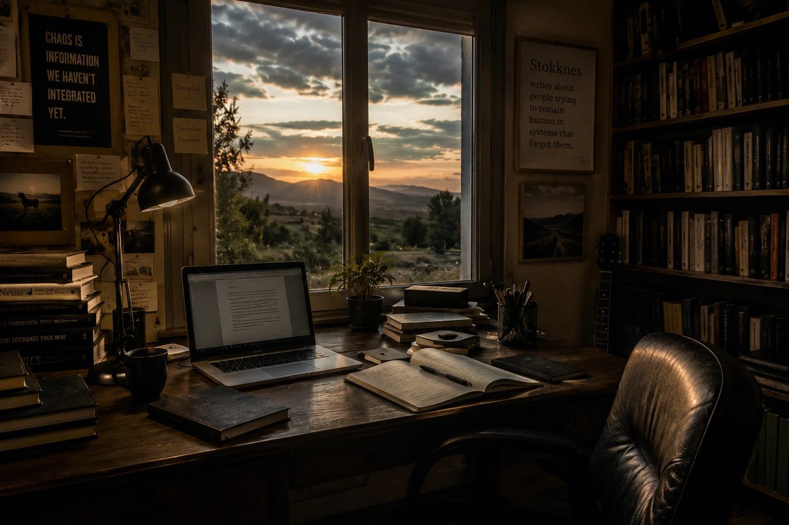 Writing desk, notebooks, books, and an Andalusian view at sunset