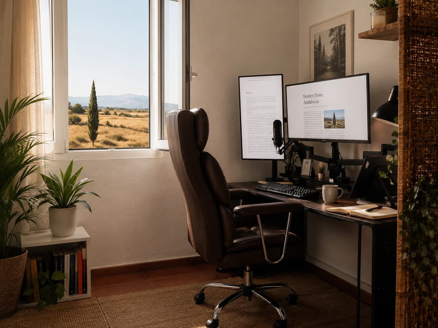 Home office with monitors and rural view through a window