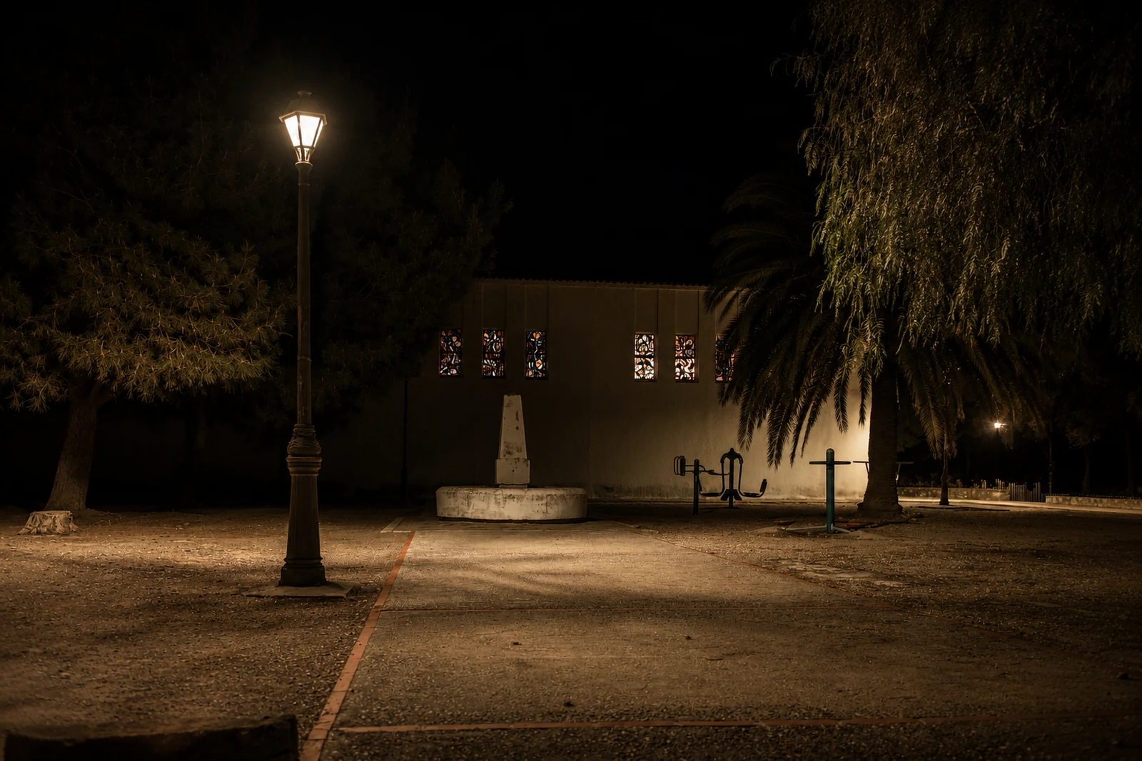 Quiet Andalusian public square at night